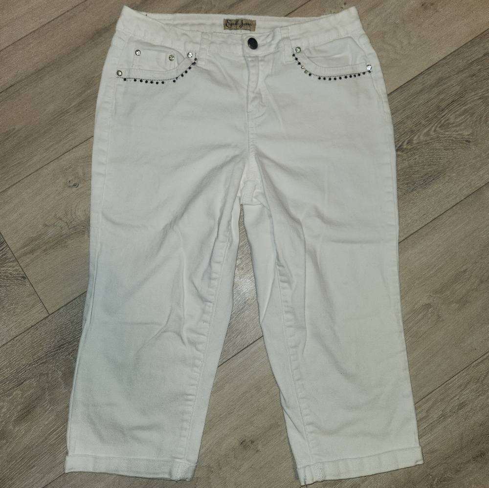 Earl Jean Capri Womens Size 10 White Denim Studded Cuffed Mid Rise Embellished